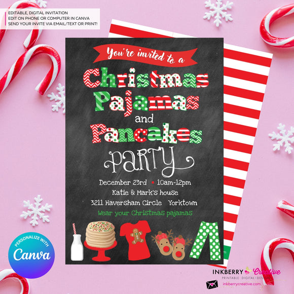 Christmas Pajamas and Pancakes Party Invitation - Chalkboard - Editable in Canva
