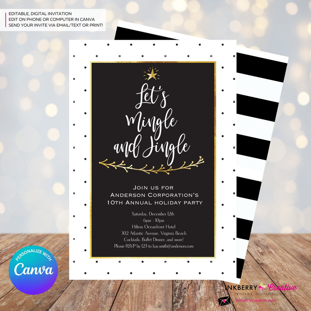 Black White Dot Mingle Jingle Christmas Tree Party Invitation - Editable in Canva