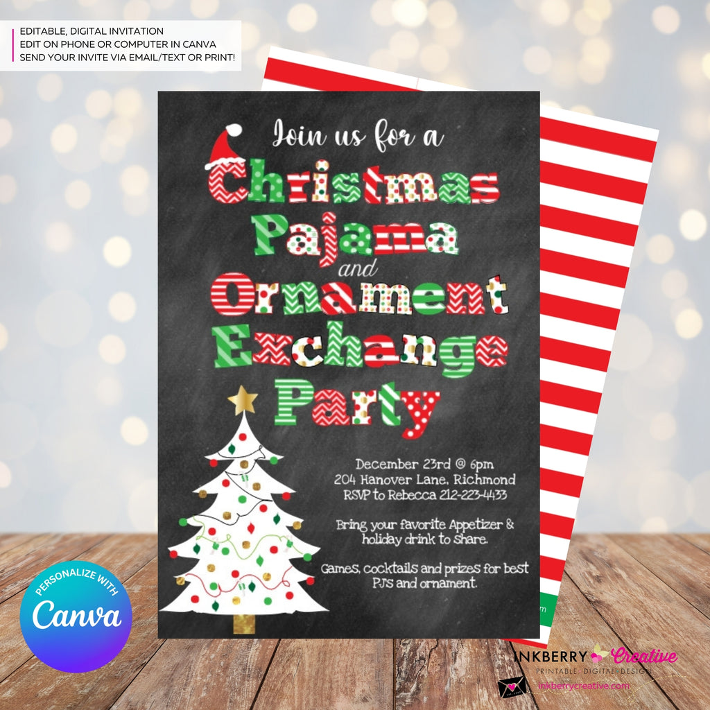 Christmas Pajama and Ornament Exchange Party Invitation - Chalkboard - Editable in Canva