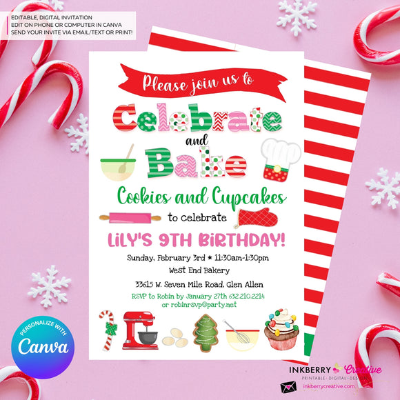 Celebrate & Bake - Christmas Baking Party Invitation - Edit in Canva