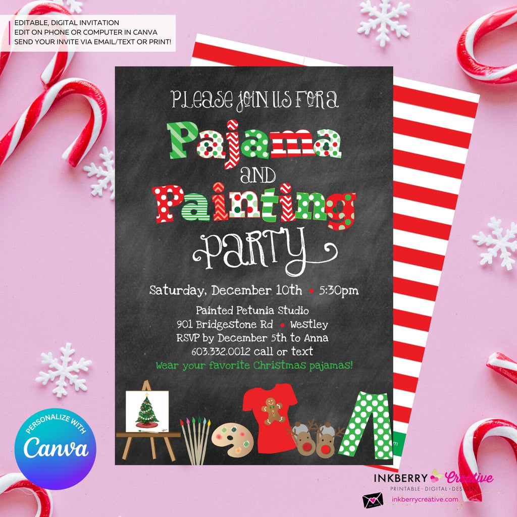 Christmas Pajama and Painting Party Invitation - Chalkboard - Editable in Canva