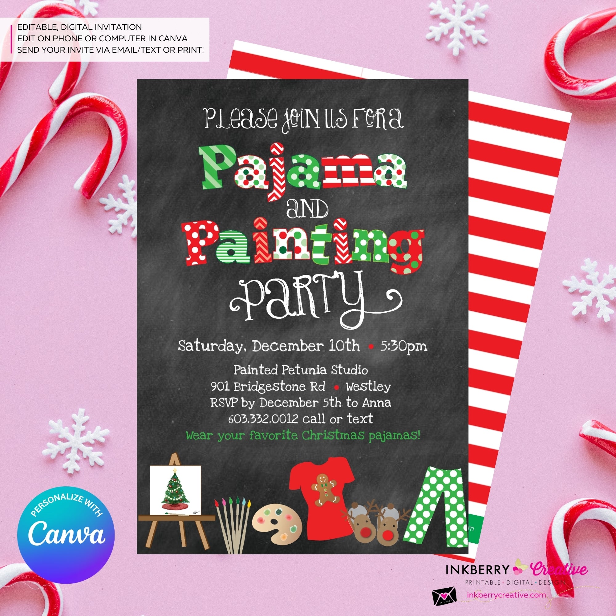 Christmas Pajama and Painting Party Invitation - Chalkboard - Editable in Canva