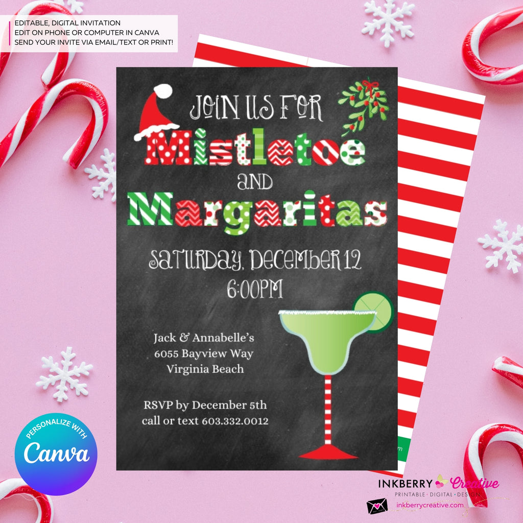Mistletoe and Margaritas Christmas Party Invitation - Editable in Canva