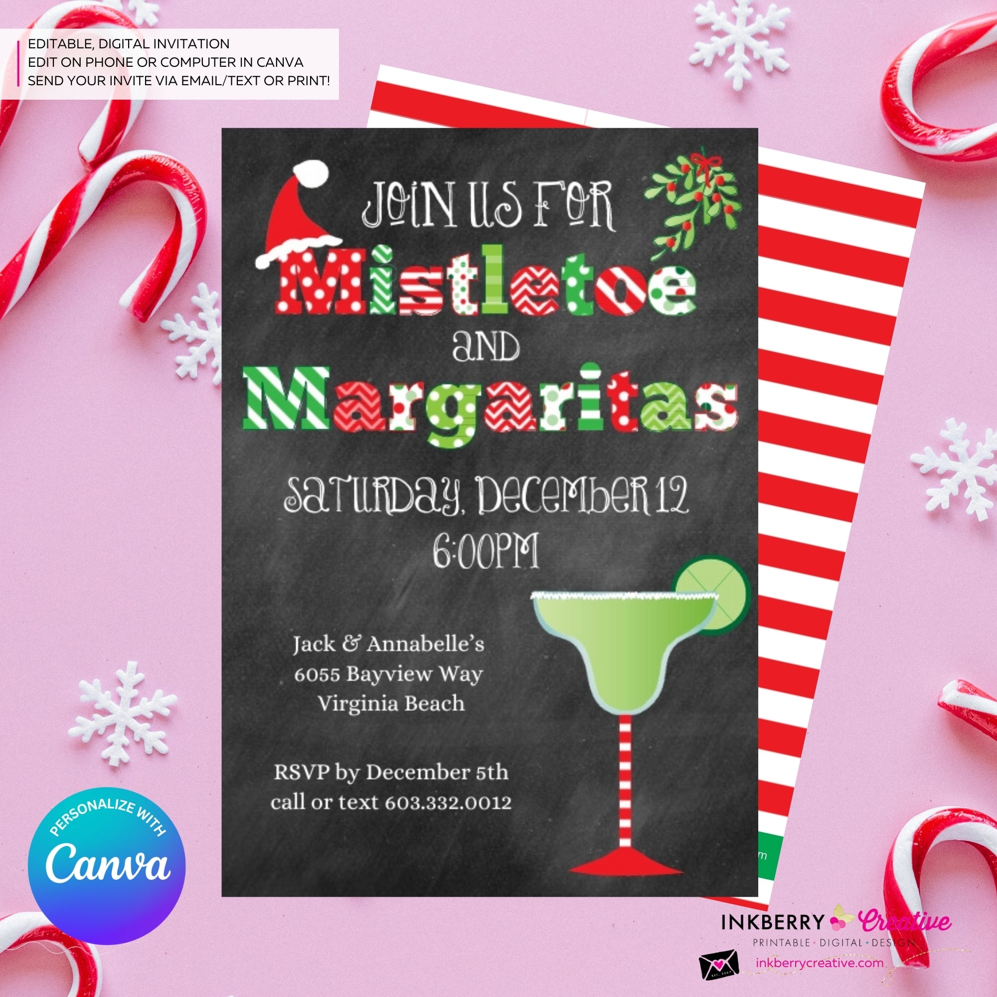 Mistletoe and Margaritas Christmas Party Invitation - Editable in Canva
