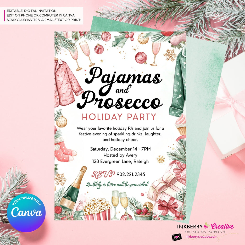 Pajamas and Prosecco Christmas Party Invitation - Editable in Canva