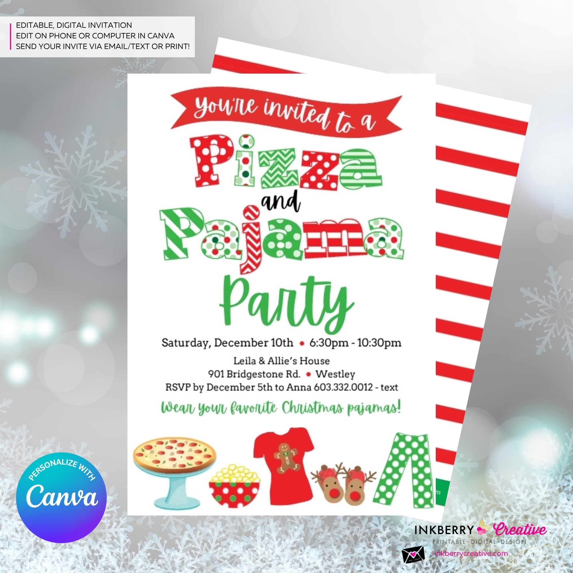 Christmas Pizza and Pajama Party Invitation - Editable in Canva