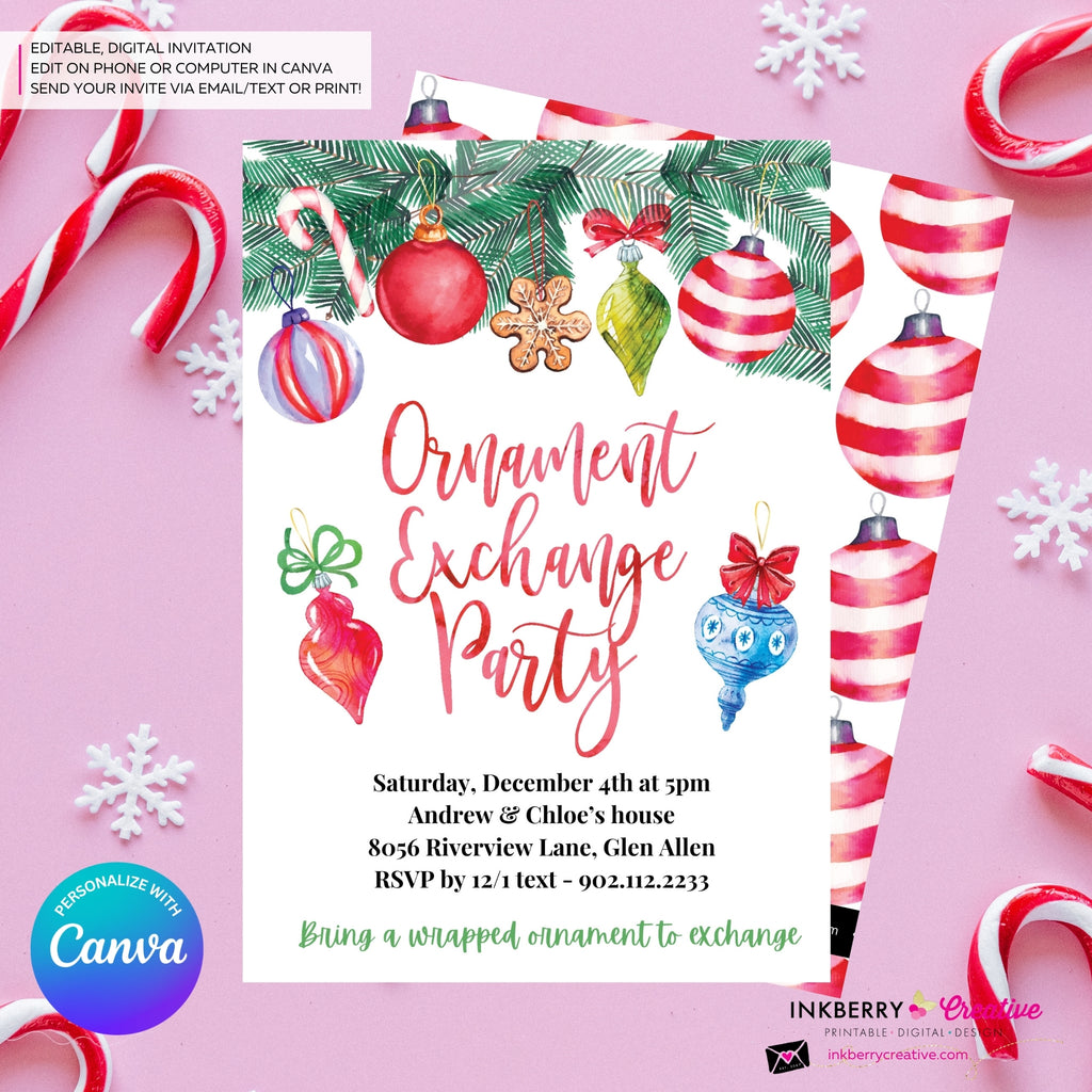 Christmas Watercolor Ornament Exchange Party Invitation - Editable in Canva