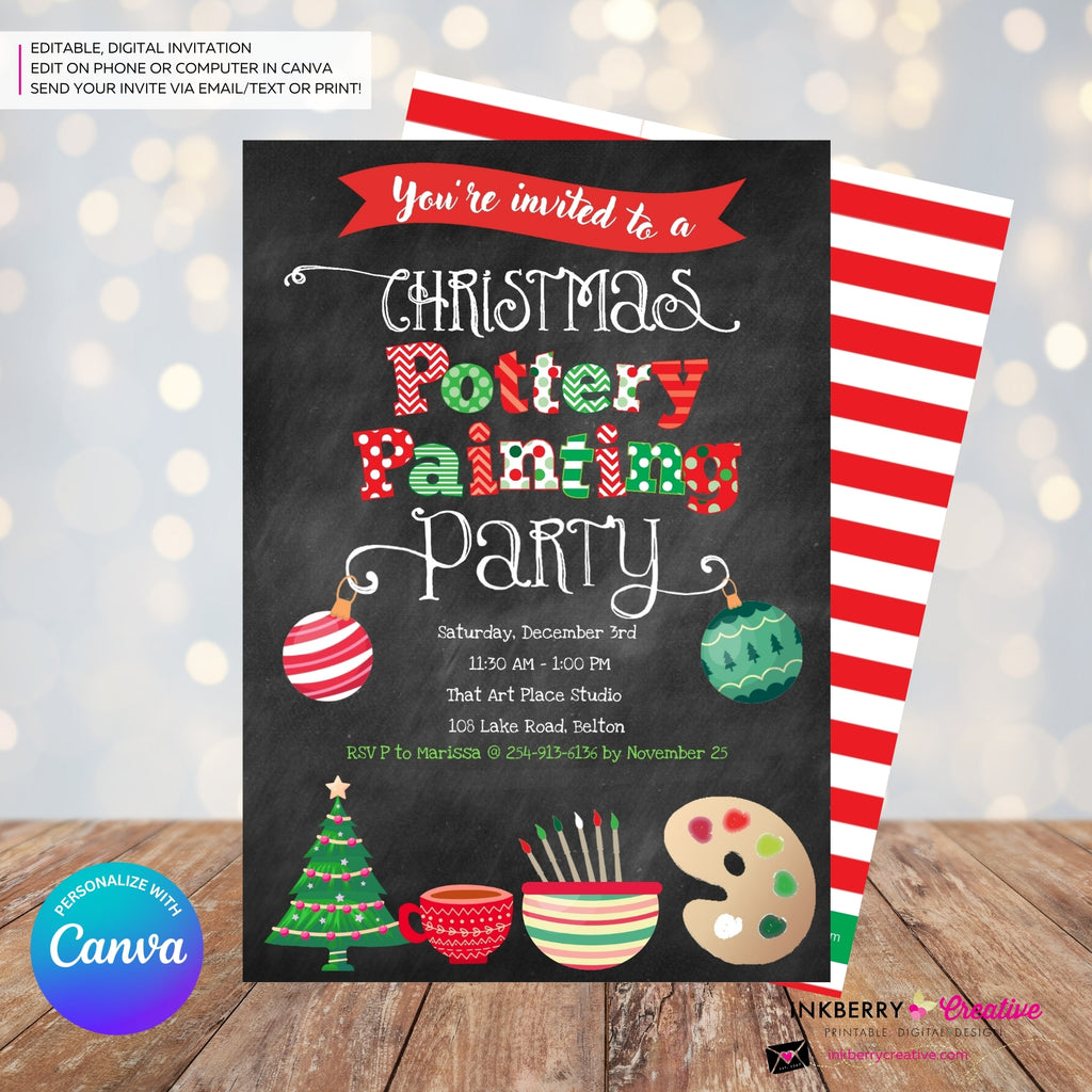 Christmas Pottery Painting Party Invitation - Chalkboard - Editable in Canva
