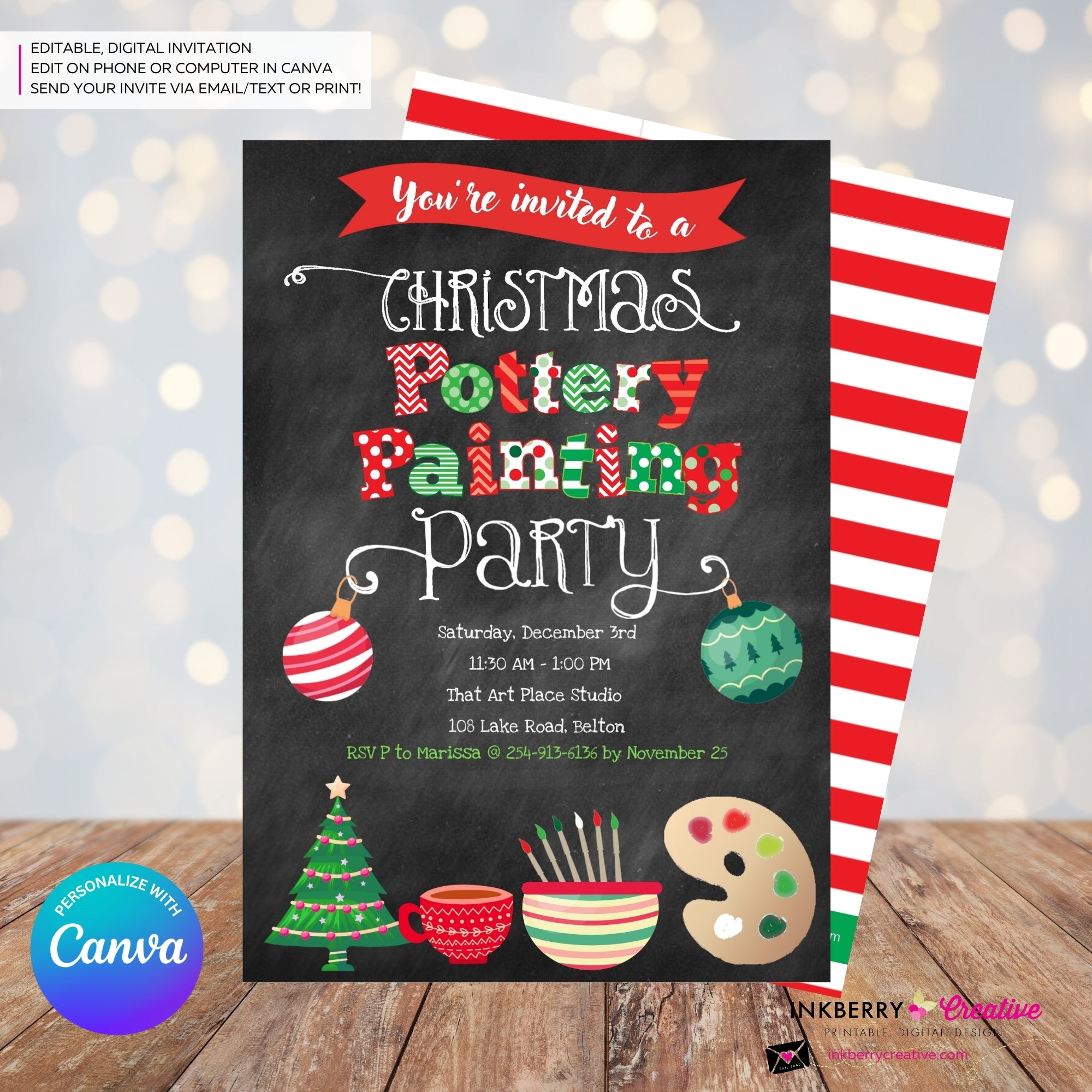 Christmas Pottery Painting Party Invitation - Chalkboard - Editable in Canva