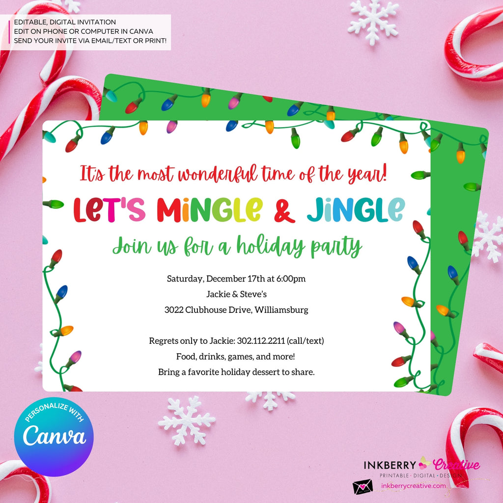Mingle Jingle Colorful Christmas Lights Party Invitation - Editable in Canva
