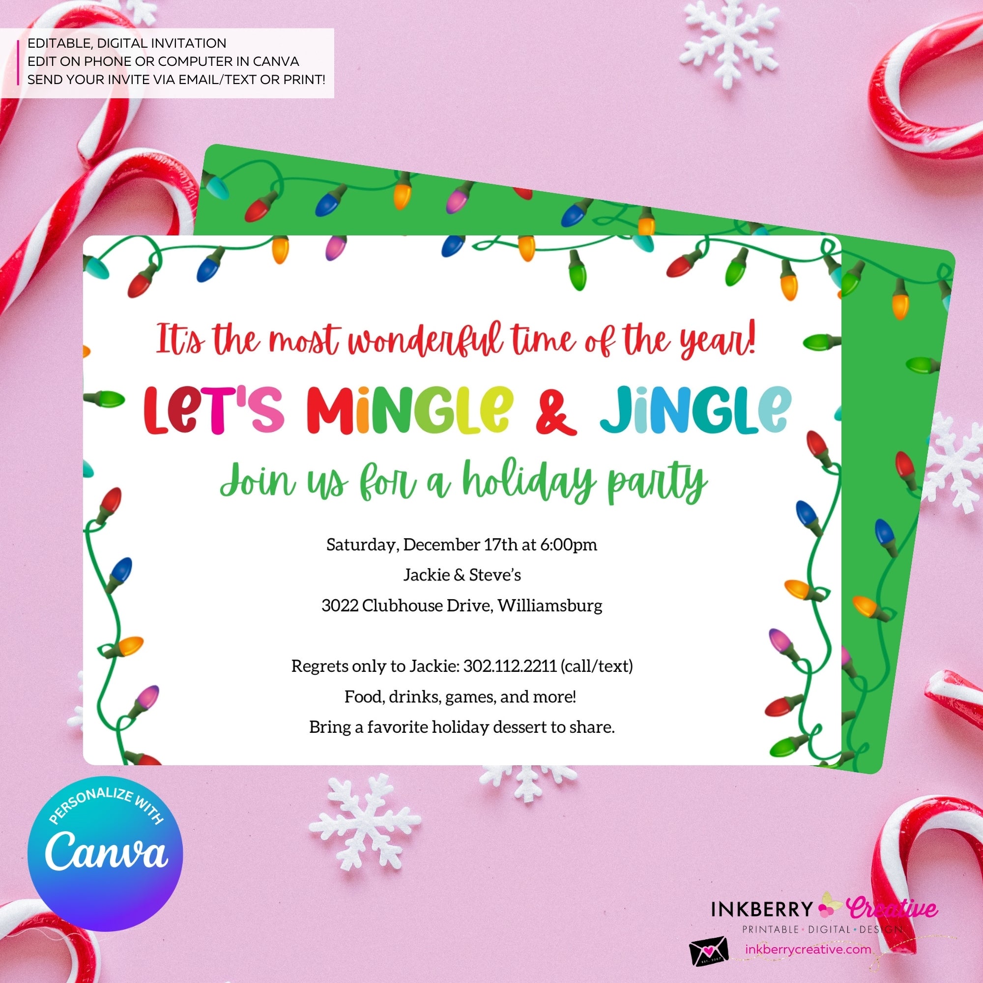 Mingle Jingle Colorful Christmas Lights Party Invitation - Editable in Canva