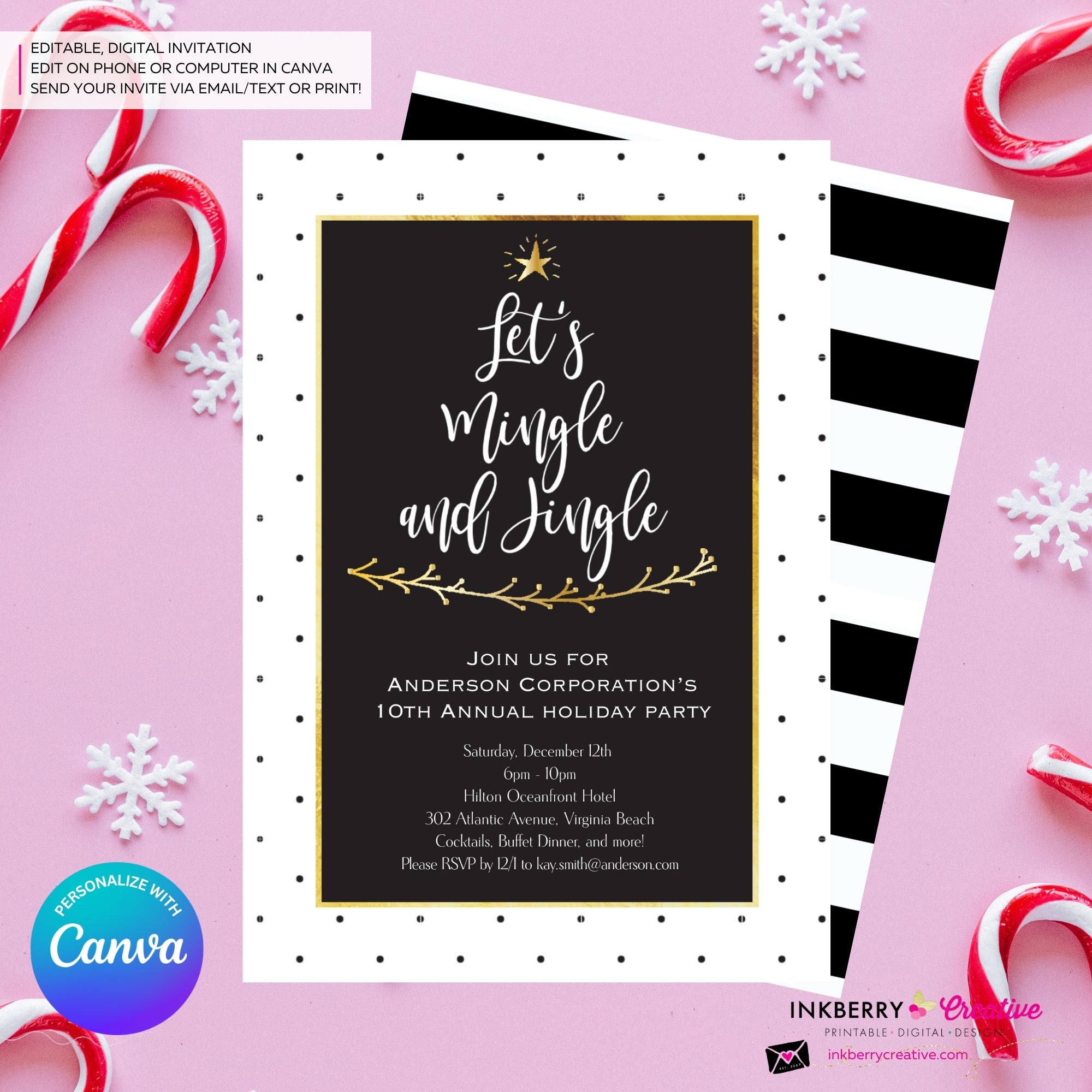 Black White Dot Mingle Jingle Christmas Tree Party Invitation - Editable in Canva