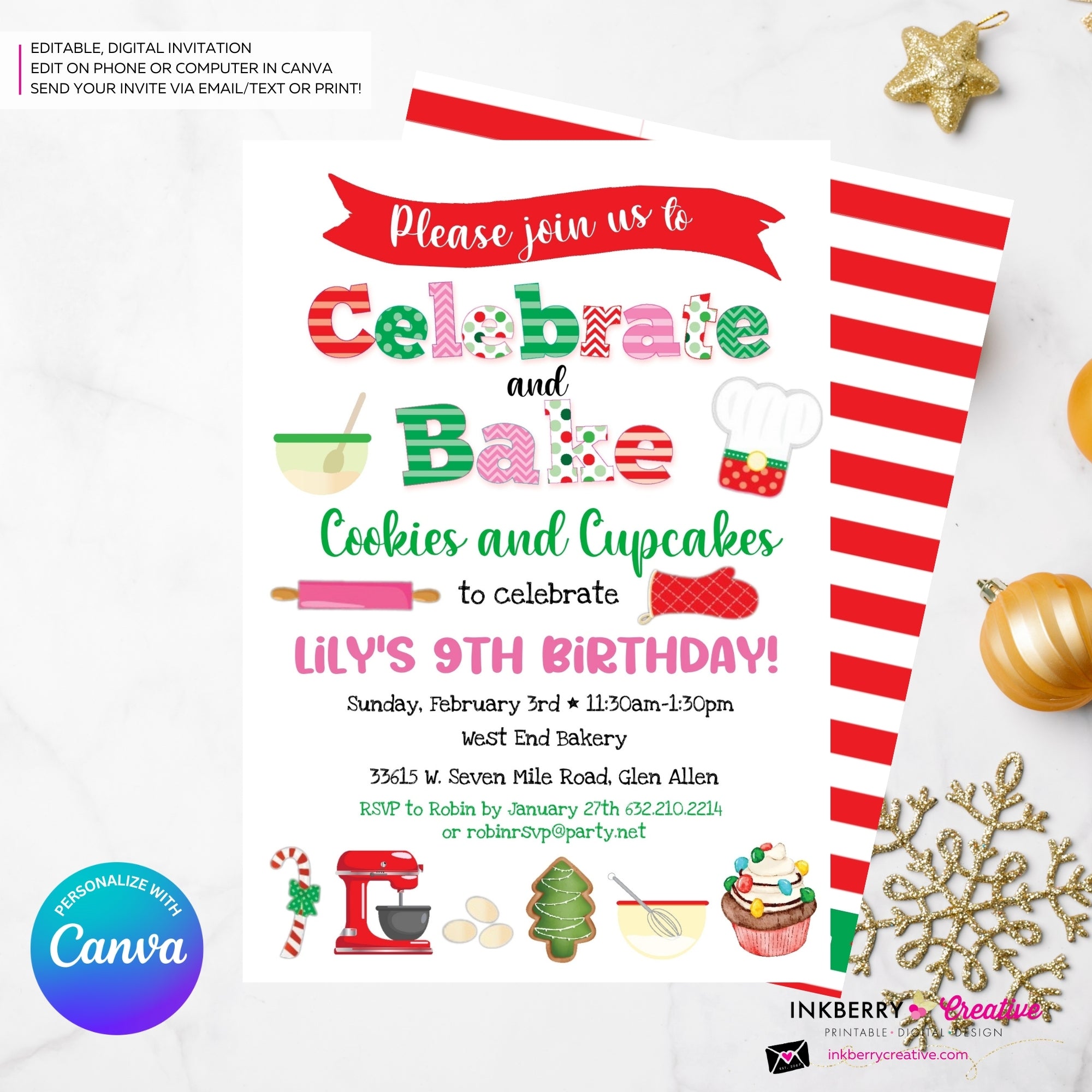Celebrate & Bake - Christmas Baking Party Invitation - Personalize and Edit in Canva