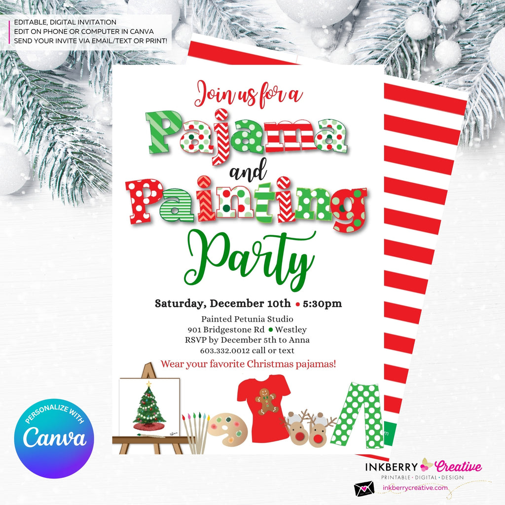 Christmas Pajama and Painting Party Invitation - Editable in Canva