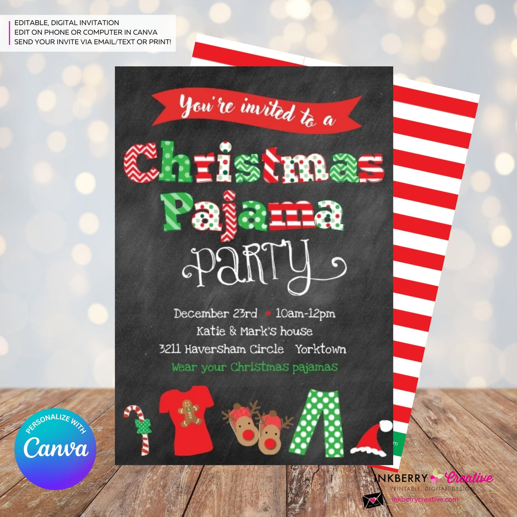 Christmas Pajama Party Invitation - Chalkboard - Editable in Canva