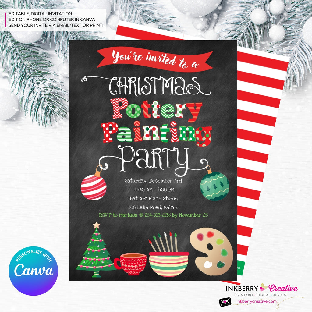 Christmas Pottery Painting Party Invitation - Chalkboard - Editable in Canva