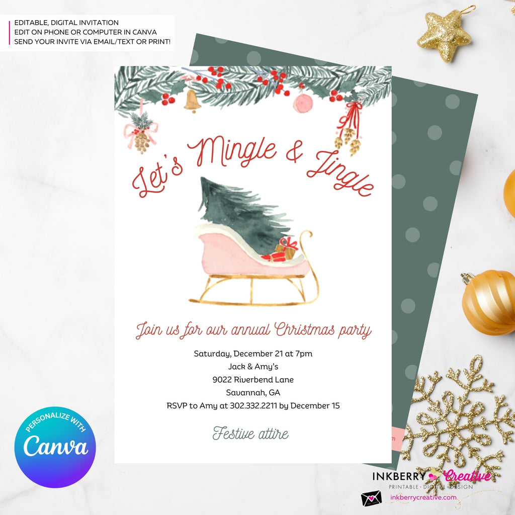 Mingle Jingle Watercolor Sled Christmas Party Invitation - Editable in Canva