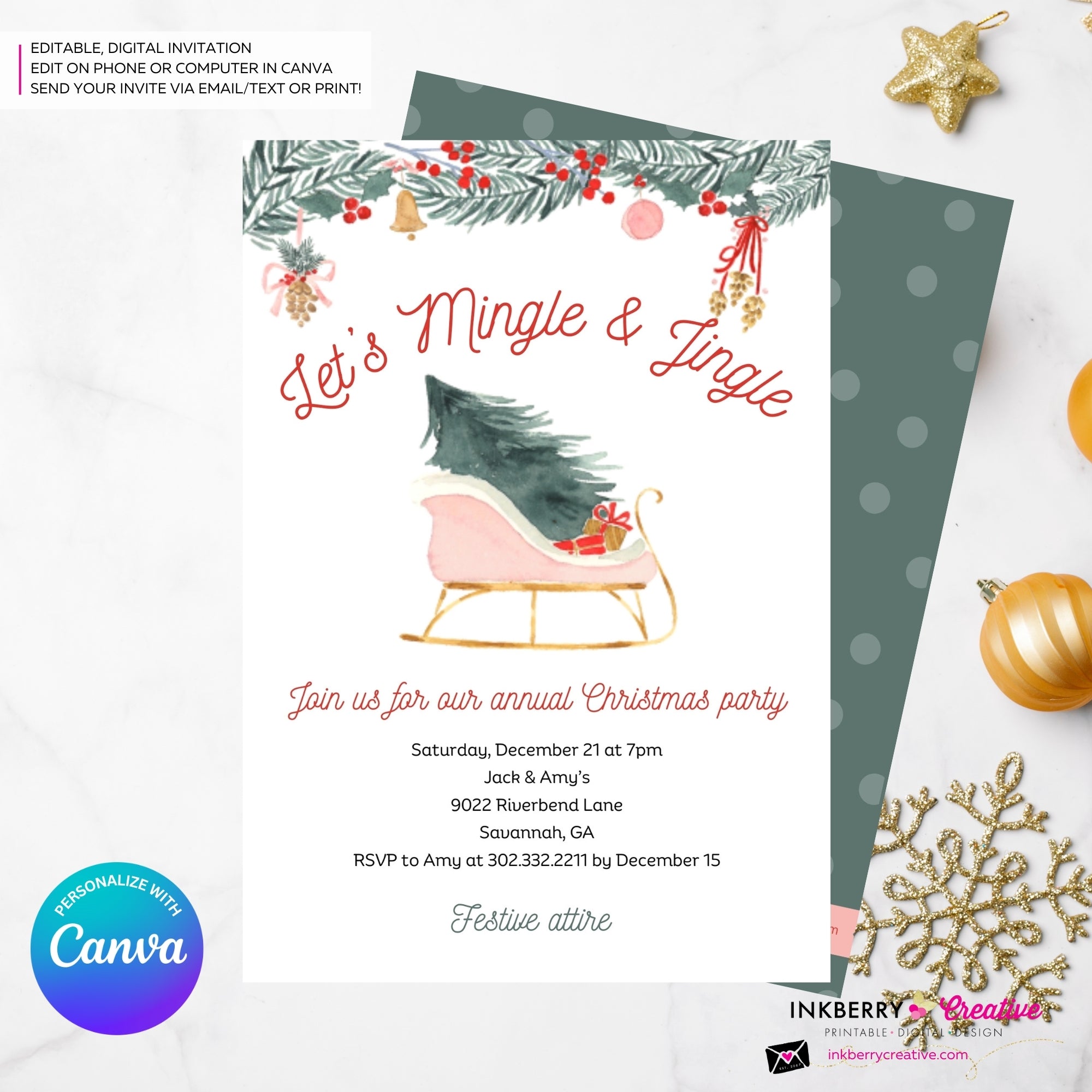 Mingle Jingle Watercolor Sled Christmas Party Invitation - Editable in Canva