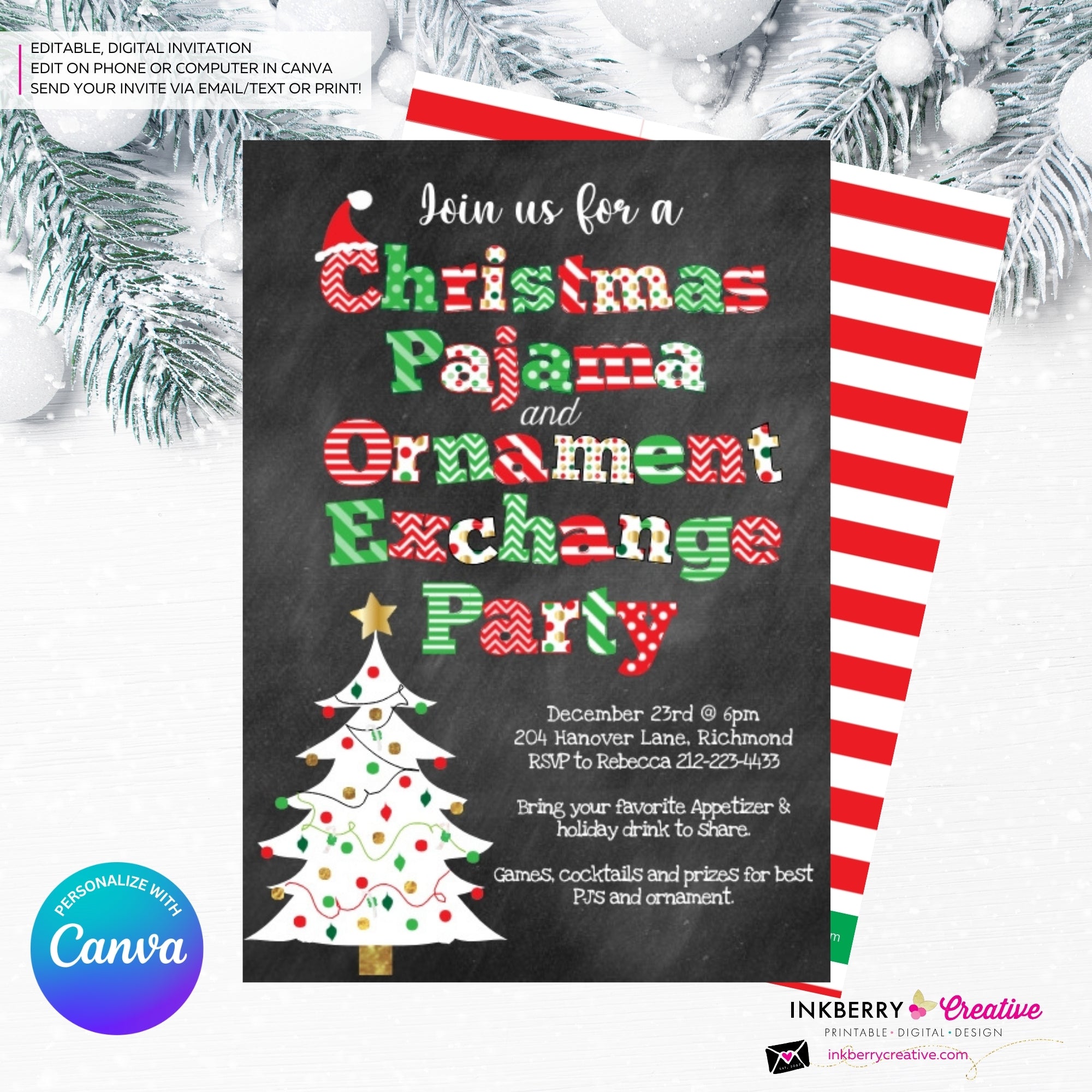 Christmas Pajama and Ornament Exchange Party Invitation - Chalkboard - Editable in Canva