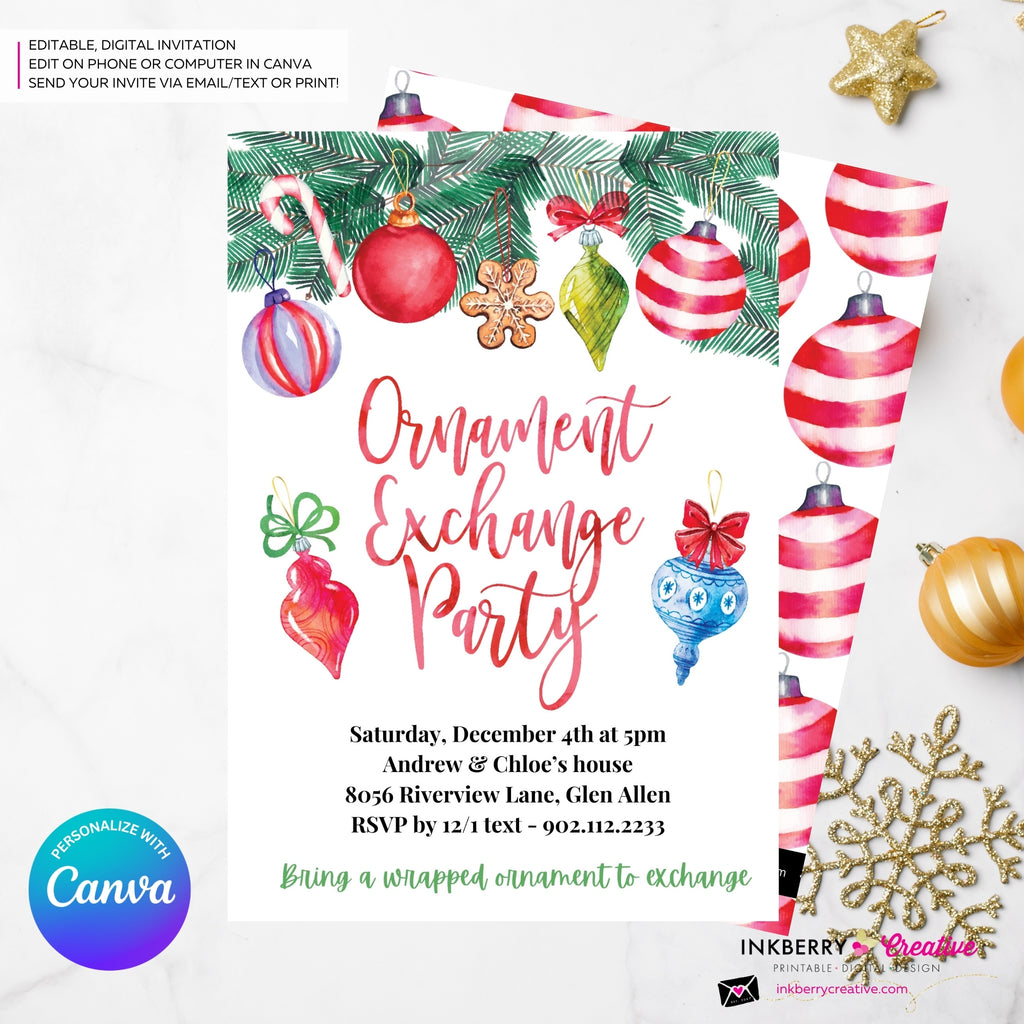 Christmas Watercolor Ornament Exchange Party Invitation - Editable in Canva