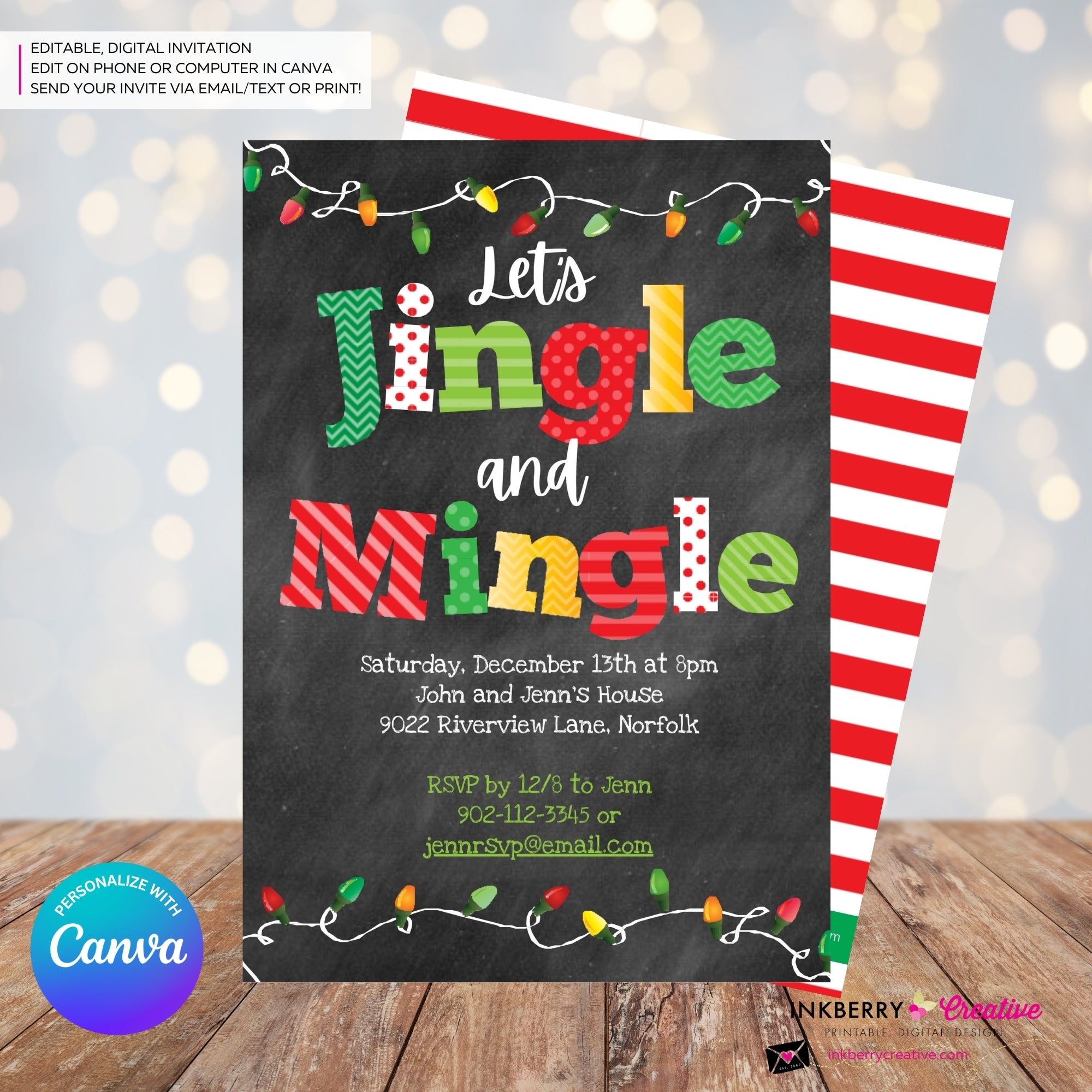 Jingle Mingle Chalkboard Christmas Lights Party Invitation - Editable in Canva