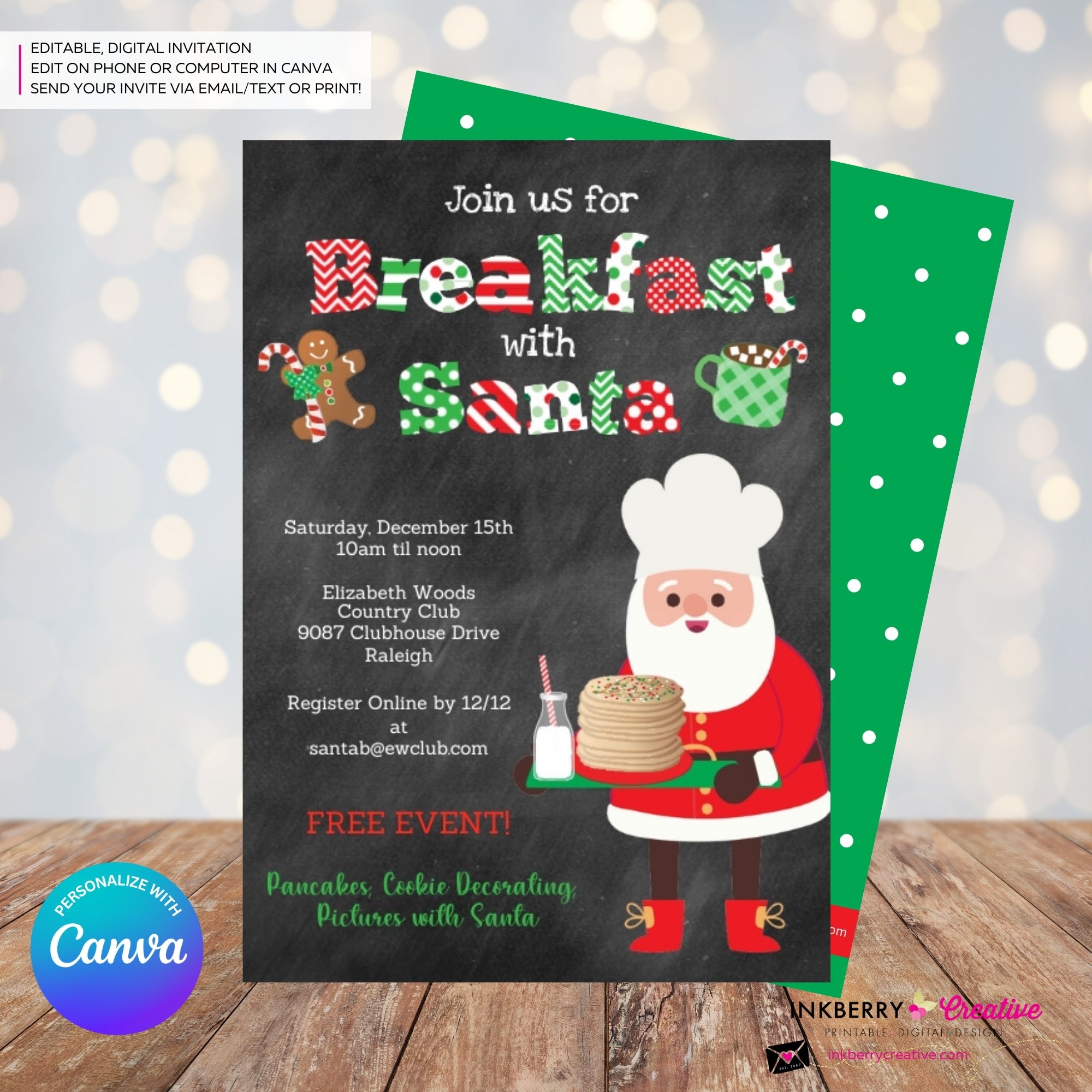 Breakfast with Santa - Chalkboard Invitation - Editable in Canva