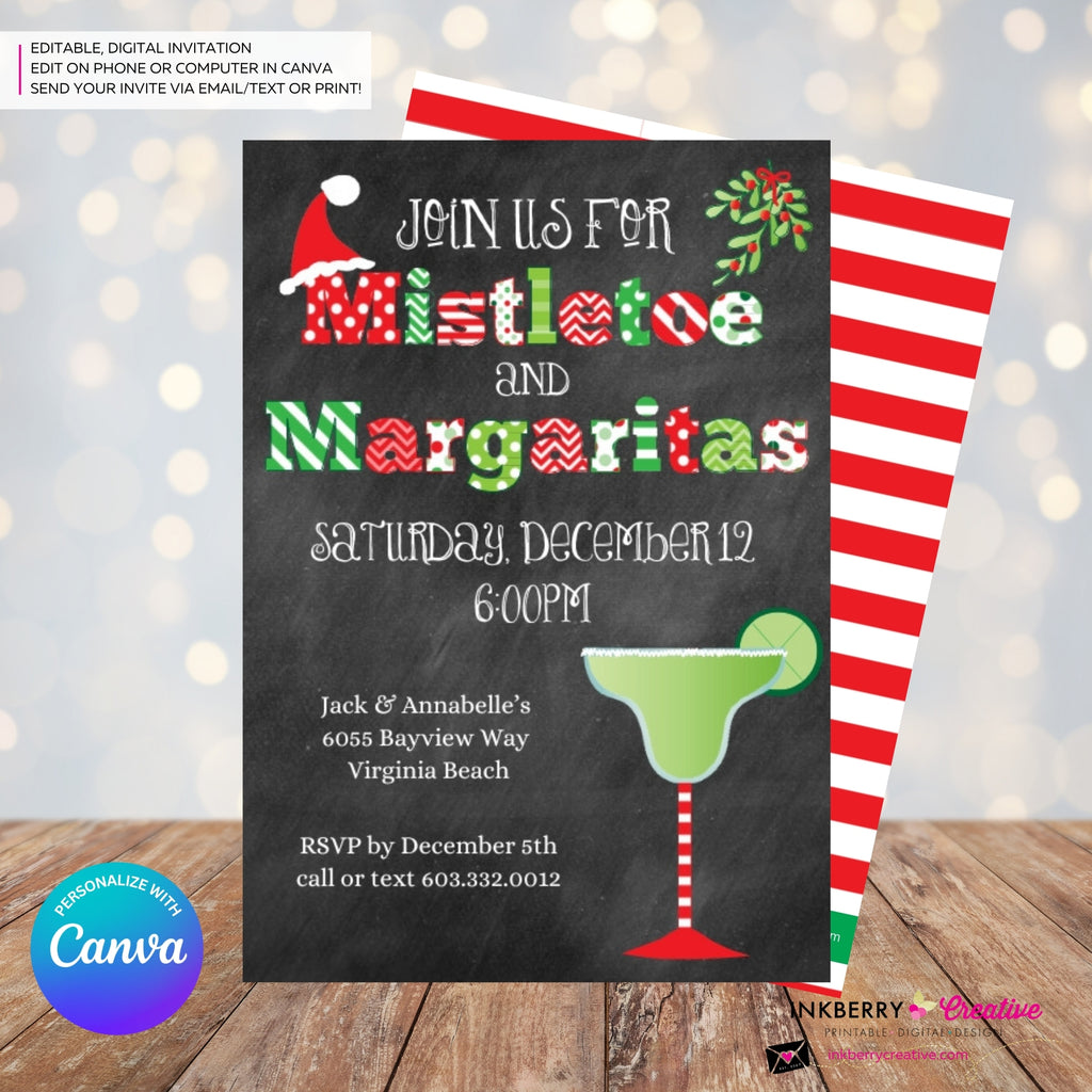 Mistletoe and Margaritas Christmas Party Invitation - Editable in Canva