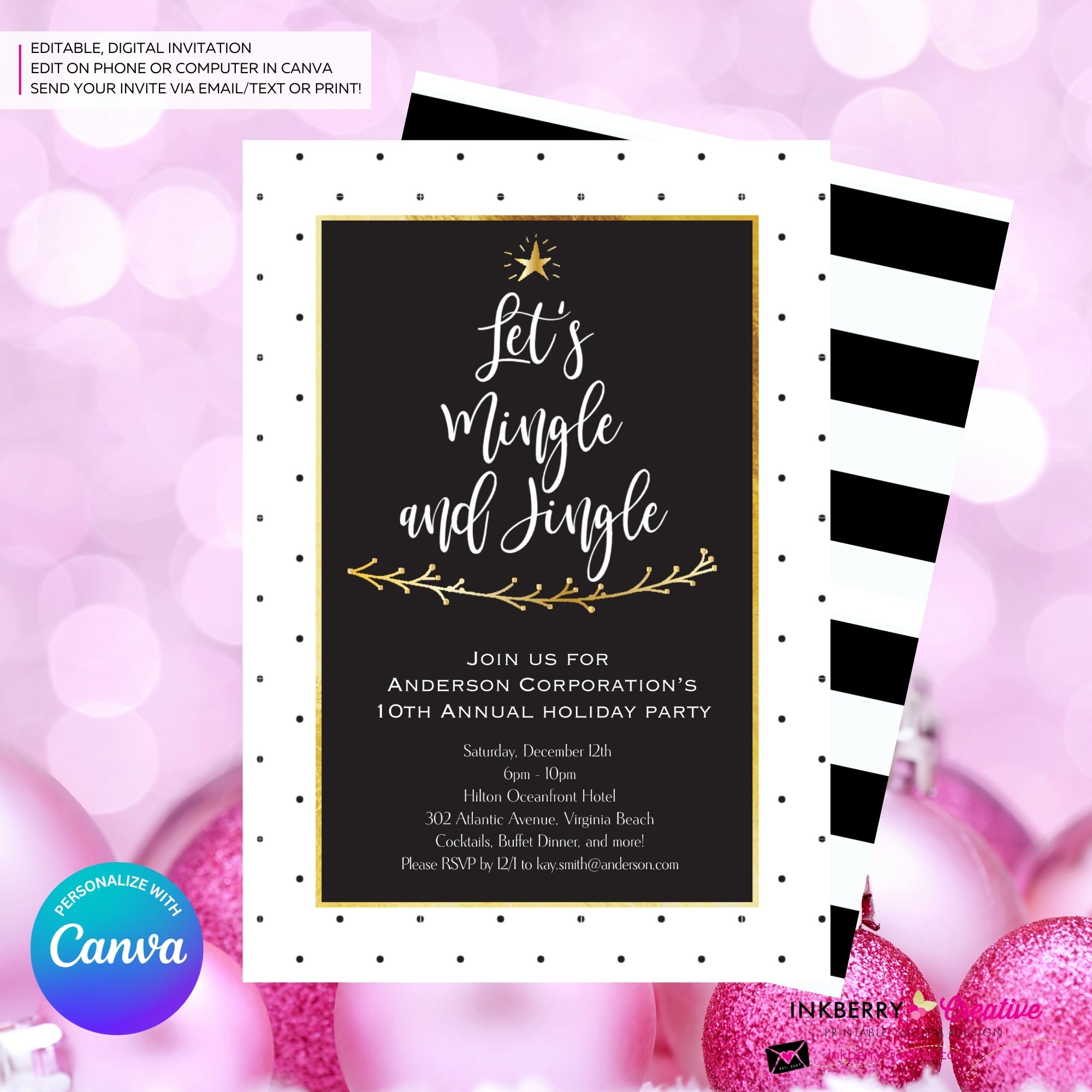 Black White Dot Mingle Jingle Christmas Tree Party Invitation - Editable in Canva