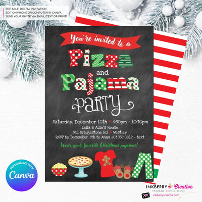 Christmas Pizza and Pajama Party Invitation - Chalkboard - Editable in Canva