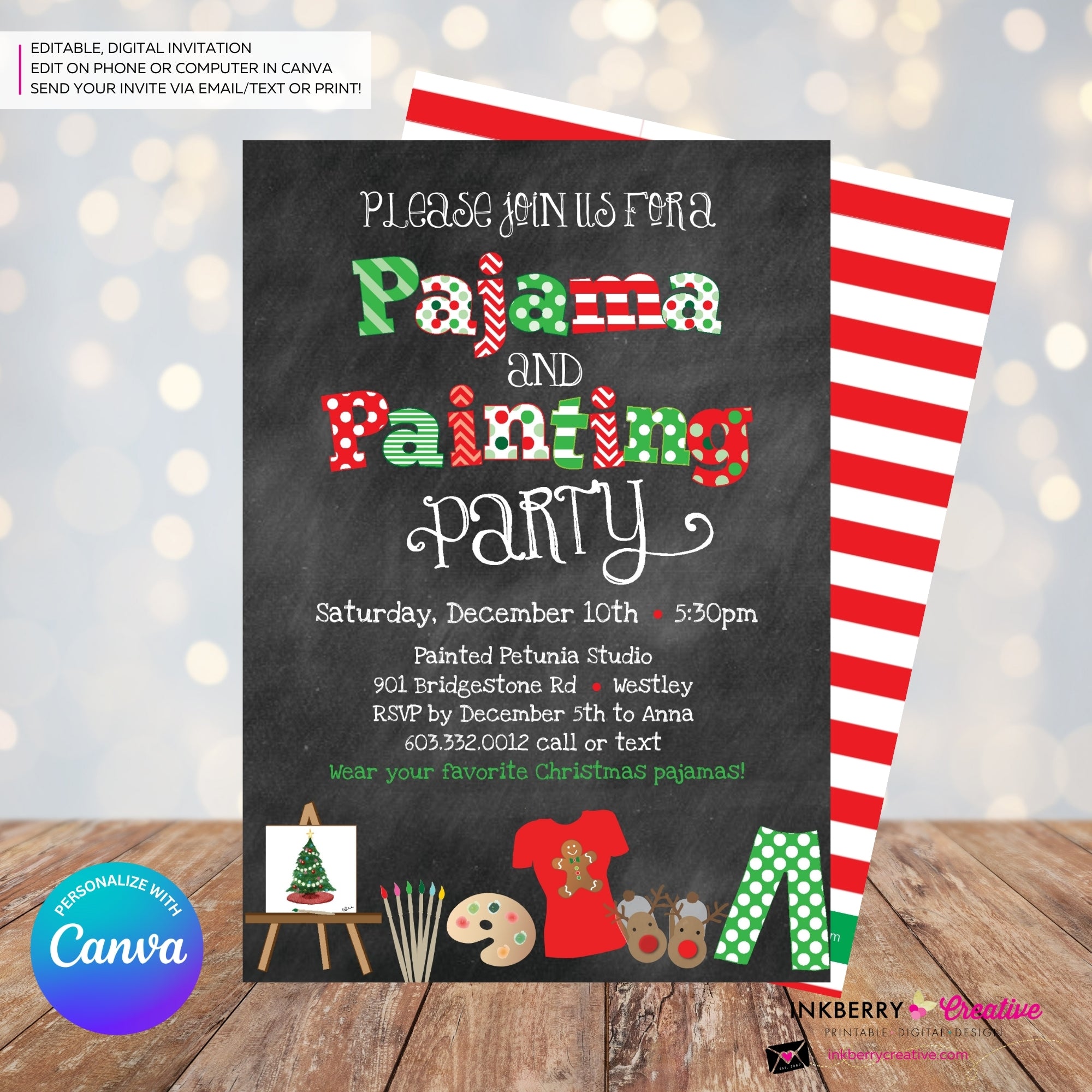 Christmas Pajama and Painting Party Invitation - Chalkboard - Editable in Canva