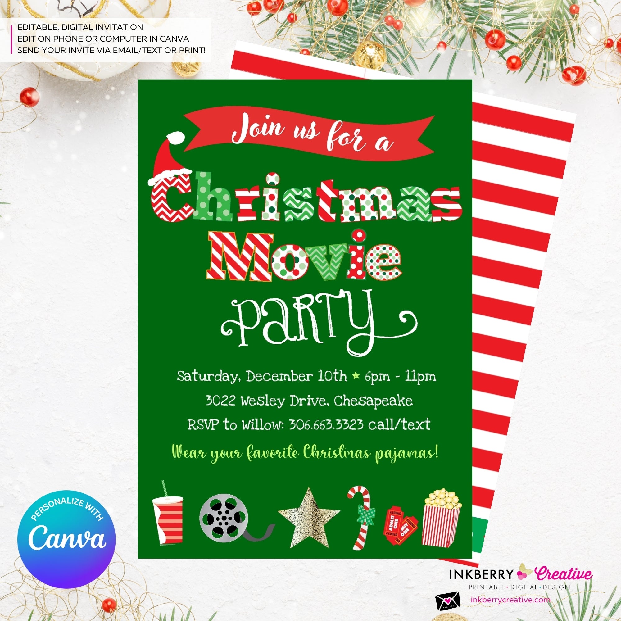 Christmas Movie Party Invitation - Green - Editable in Canva