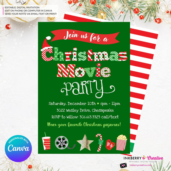 Christmas Movie Party Invitation - Green - Editable in Canva