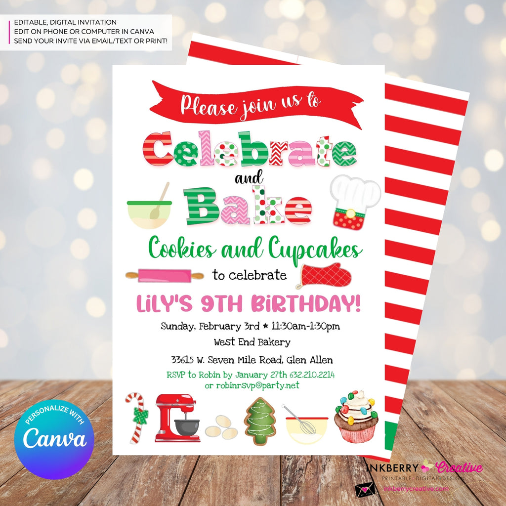Celebrate & Bake - Christmas Baking Party Invitation - Personalize and Edit in Canva