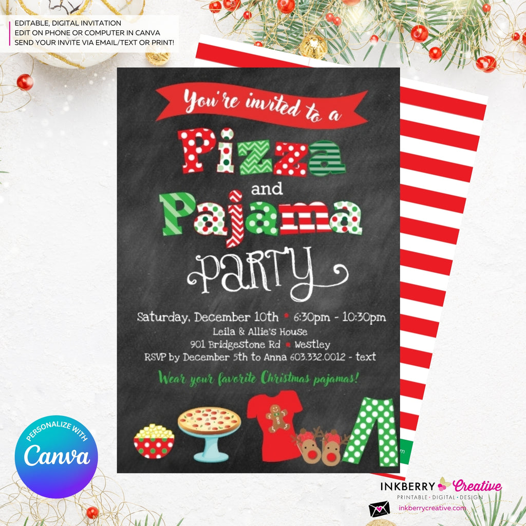 Christmas Pizza and Pajama Party Invitation - Chalkboard - Editable in Canva
