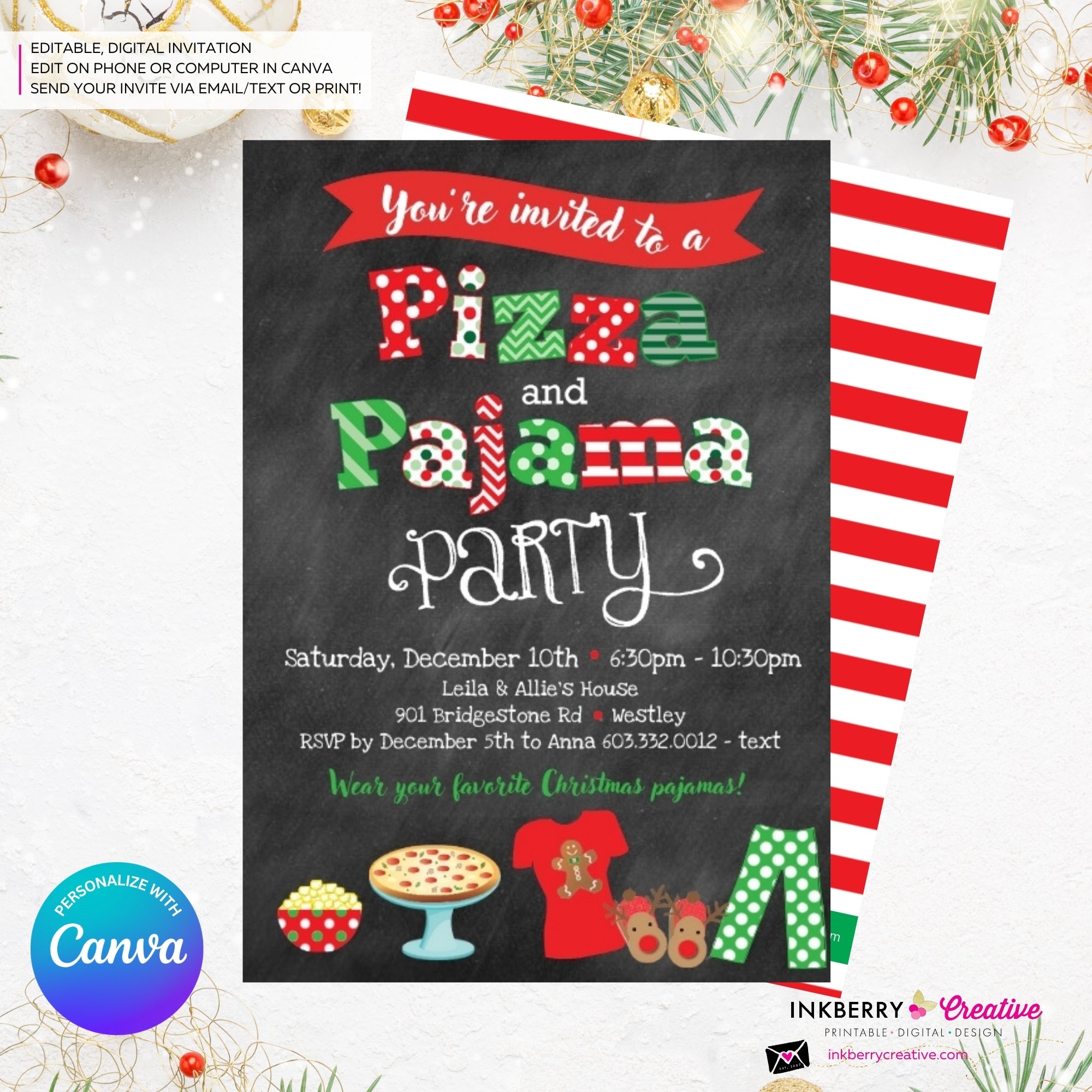 Christmas Pizza and Pajama Party Invitation - Chalkboard - Editable in Canva
