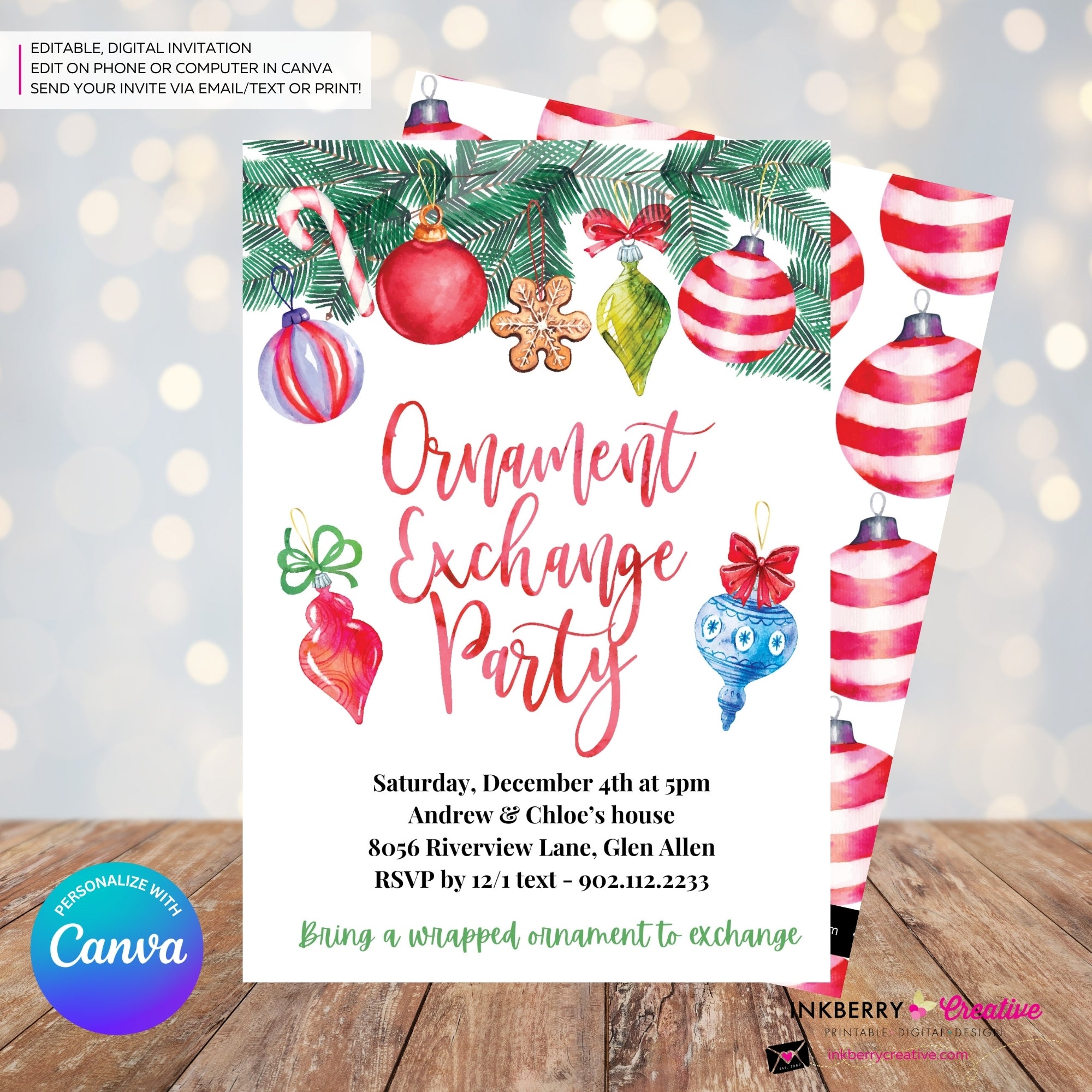 Christmas Watercolor Ornament Exchange Party Invitation - Editable in Canva