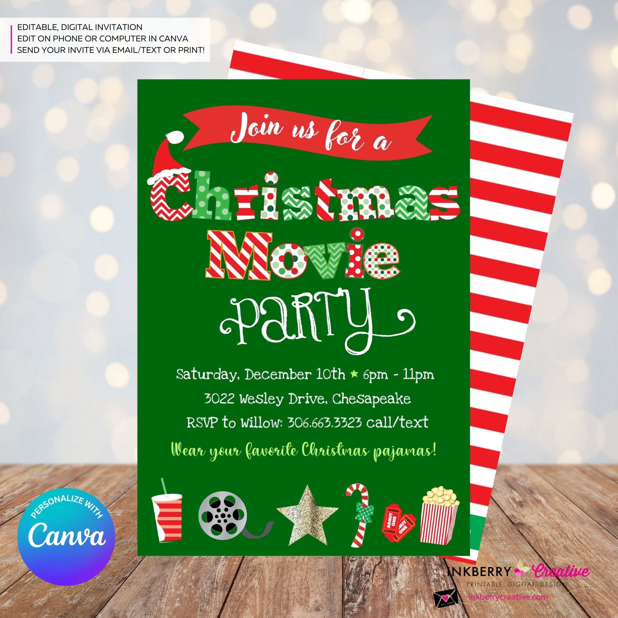 Christmas Movie Party Invitation - Green - Editable in Canva
