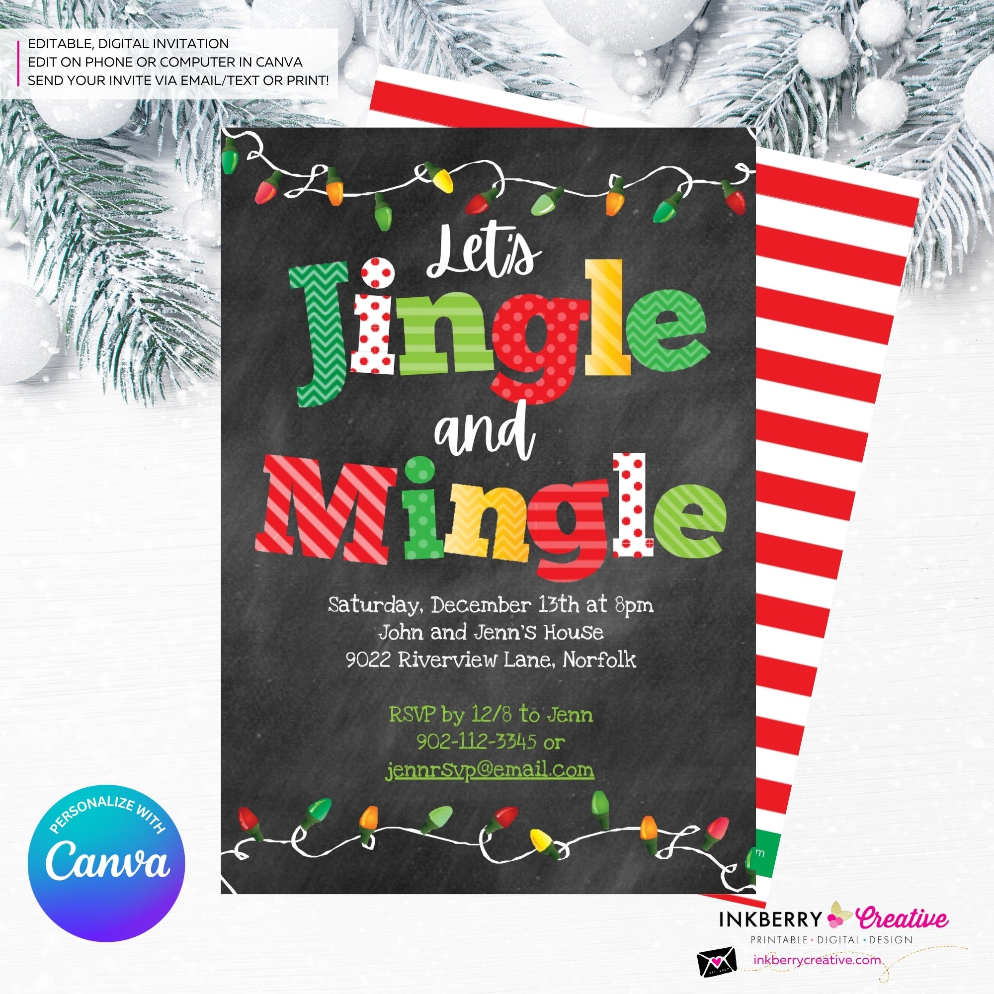 Jingle Mingle Chalkboard Christmas Lights Party Invitation - Editable in Canva