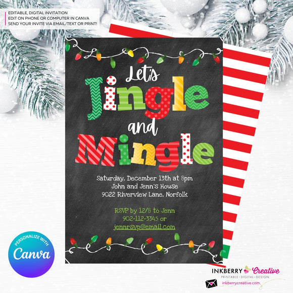 Jingle Mingle Chalkboard Christmas Lights Party Invitation - Editable in Canva