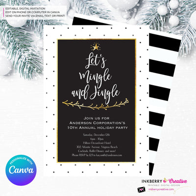 Black White Dot Mingle Jingle Christmas Tree Party Invitation - Editable in Canva
