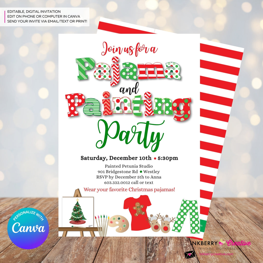 Christmas Pajama and Painting Party Invitation - Editable in Canva