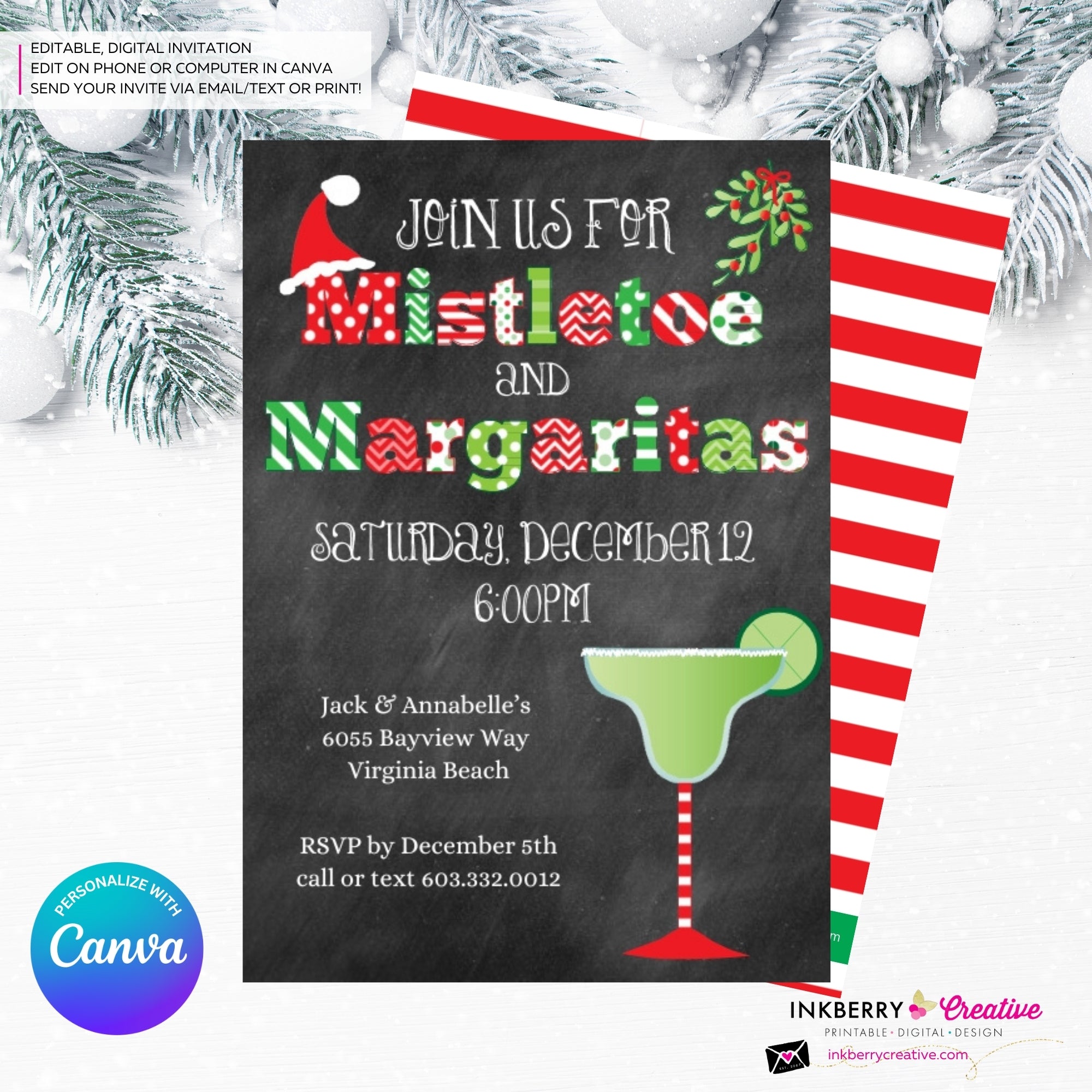 Mistletoe and Margaritas Christmas Party Invitation - Editable in Canva