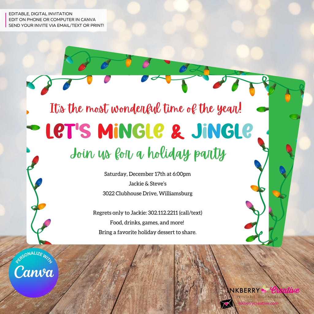Mingle Jingle Colorful Christmas Lights Party Invitation - Editable in Canva