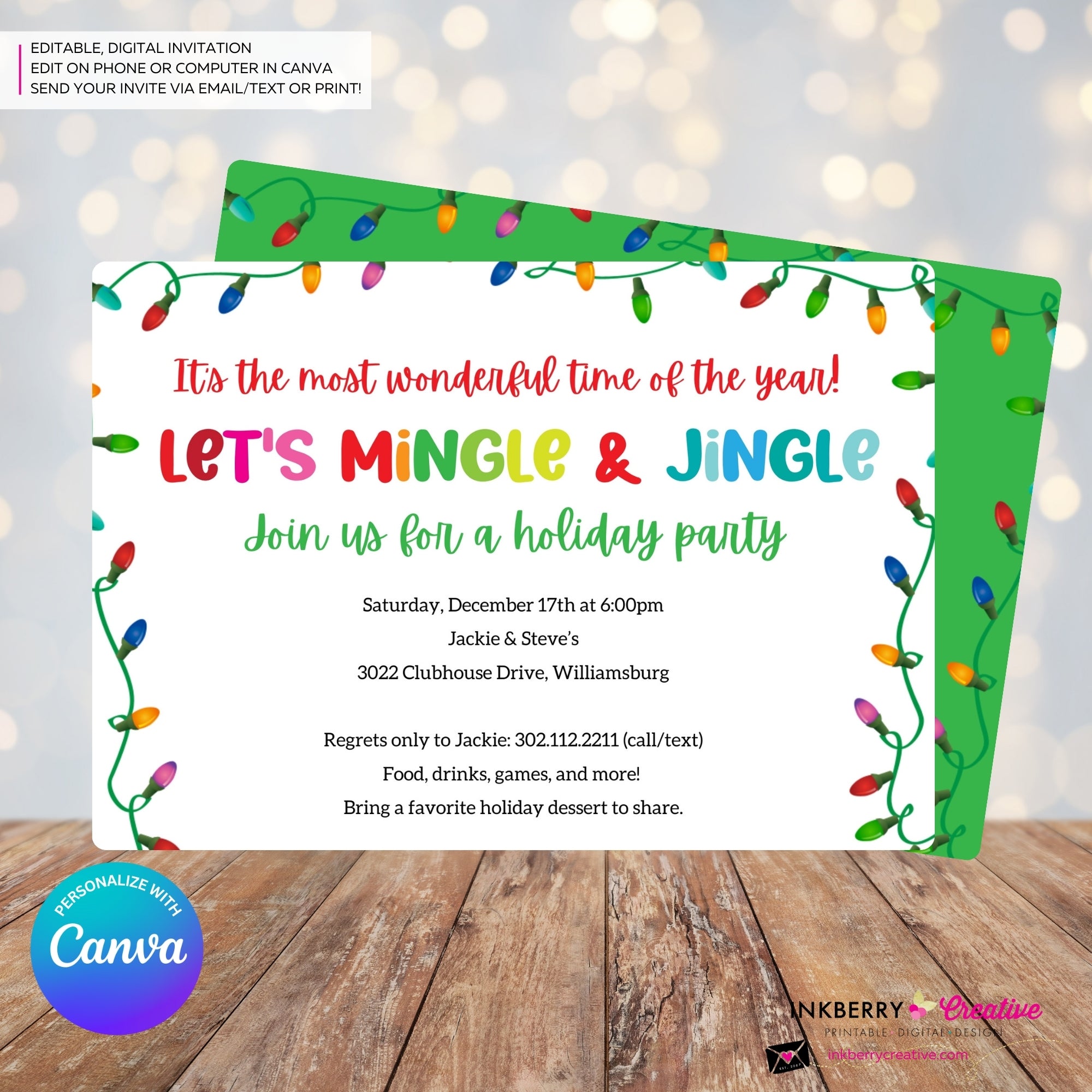 Mingle Jingle Colorful Christmas Lights Party Invitation - Editable in Canva