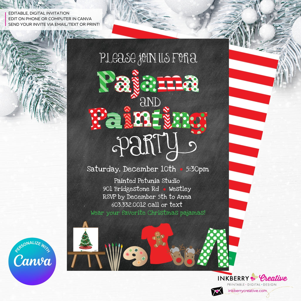Christmas Pajama and Painting Party Invitation - Chalkboard - Editable in Canva