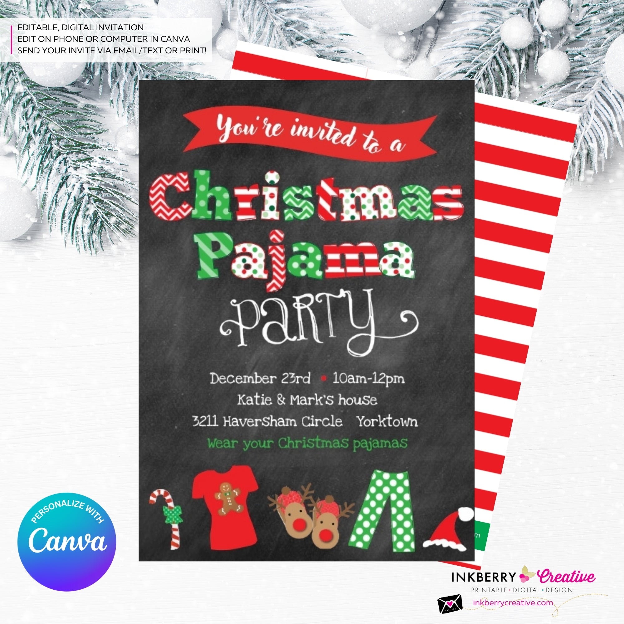 Christmas Pajama Party Invitation - Chalkboard - Editable in Canva