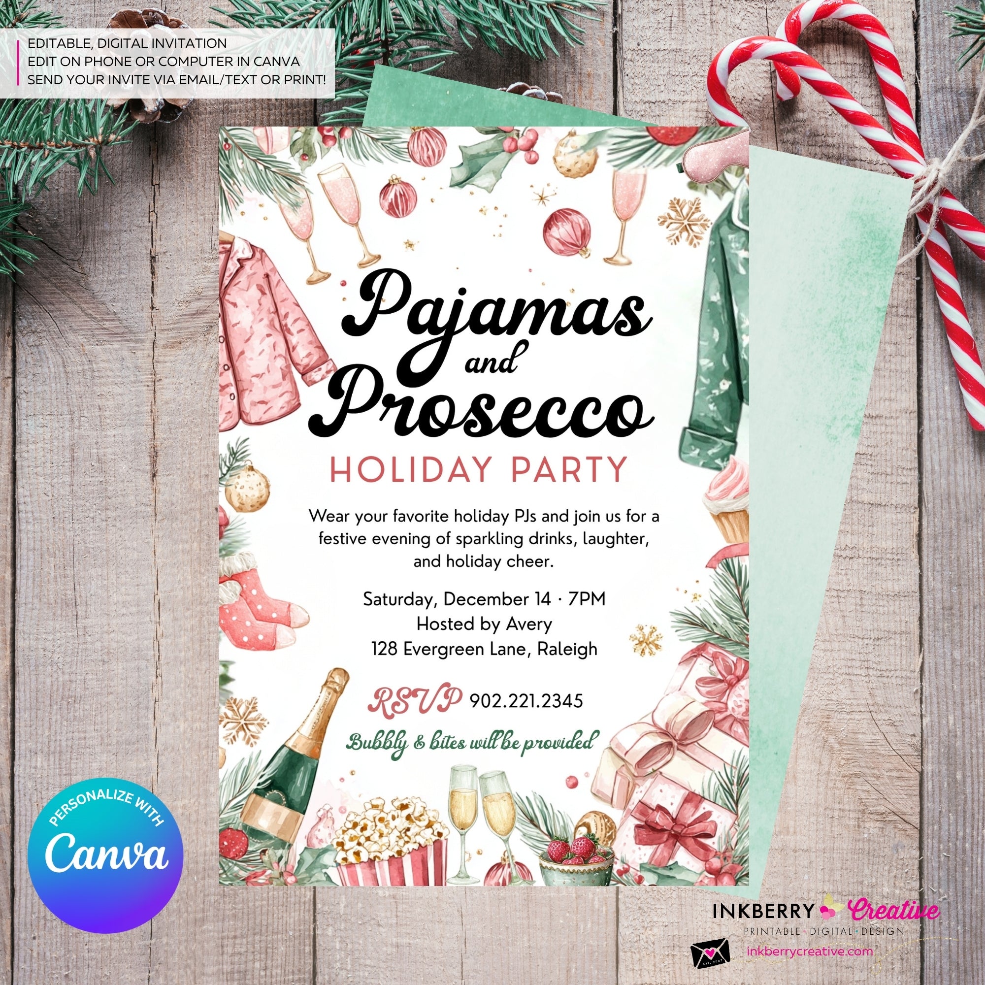 Pajamas and Prosecco Christmas Party Invitation - Editable in Canva