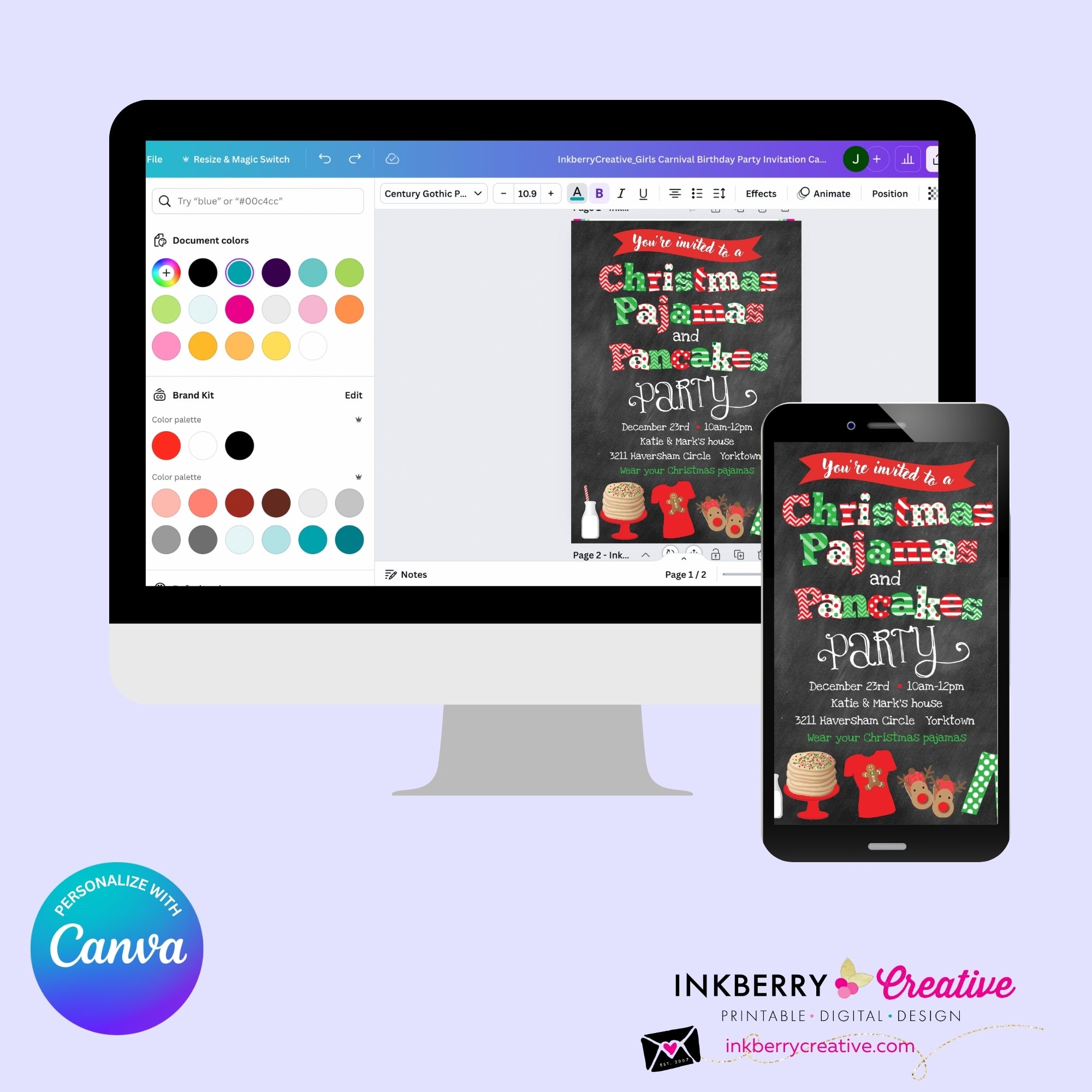 Christmas Pajamas and Pancakes Party Invitation - Chalkboard - Editable in Canva