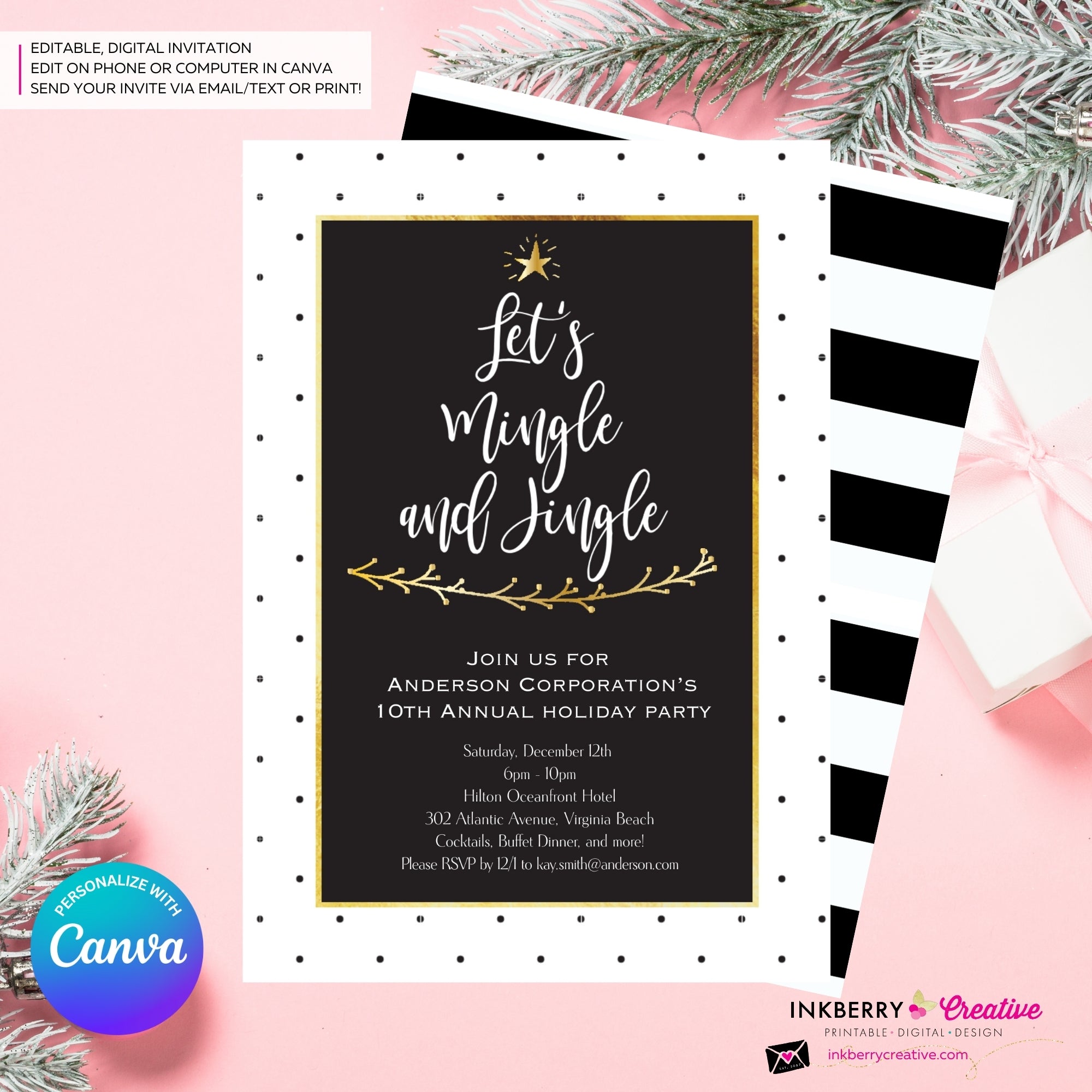 Black White Dot Mingle Jingle Christmas Tree Party Invitation - Editable in Canva