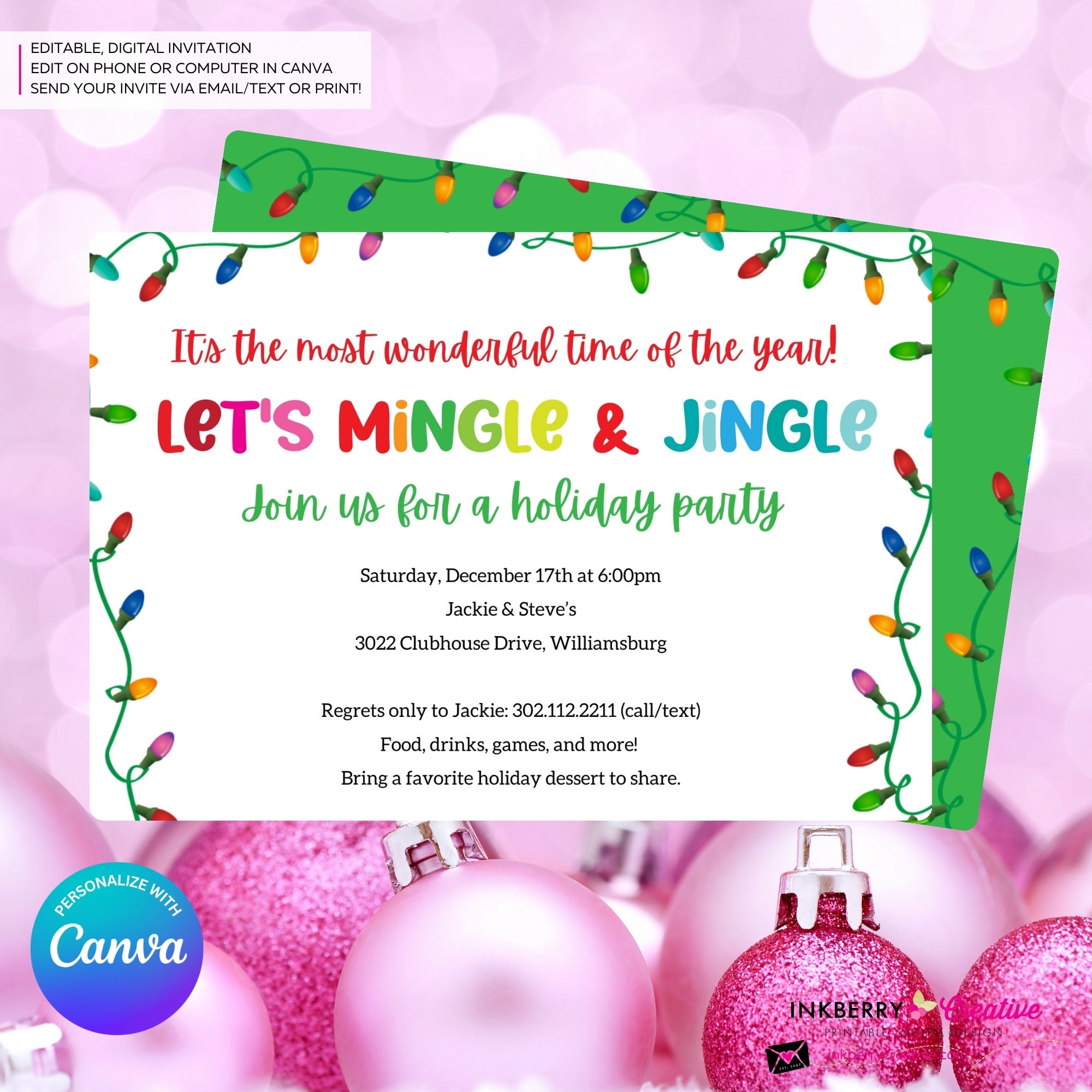 Mingle Jingle Colorful Christmas Lights Party Invitation - Editable in Canva
